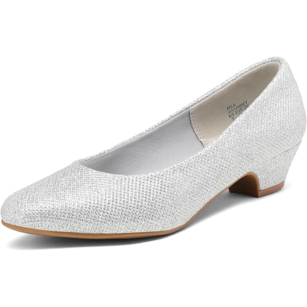 Dream Pairs Women's Silver/Glitter Closed Pointed Toe Low Chunky Heel Pump Shoes